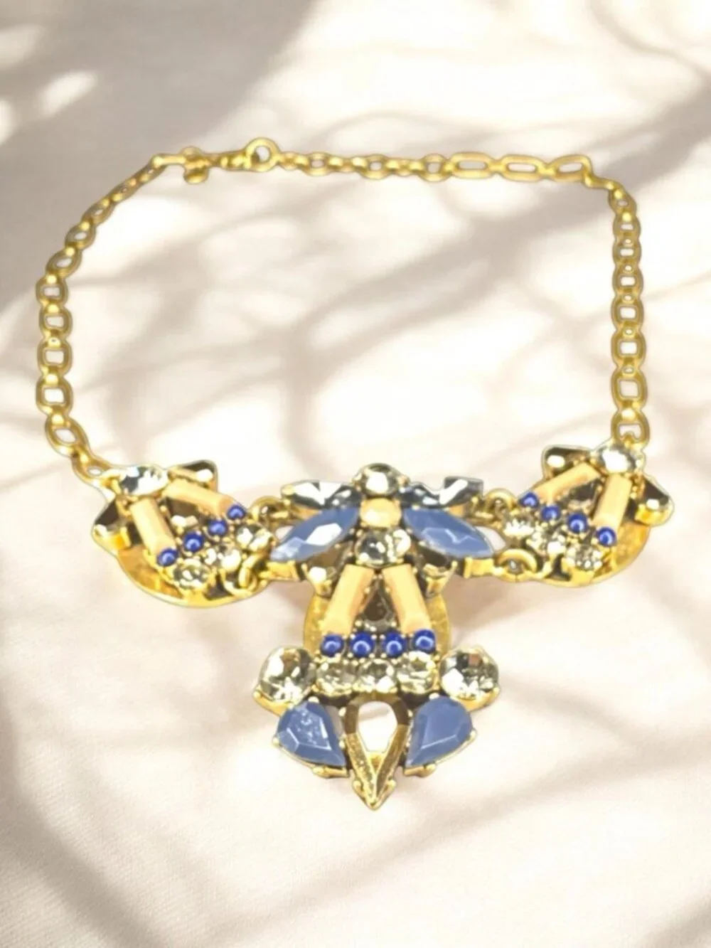 J.Crew Statement Necklace Blue Rhinestone Crystal Gold Tone Bib Necklace 16